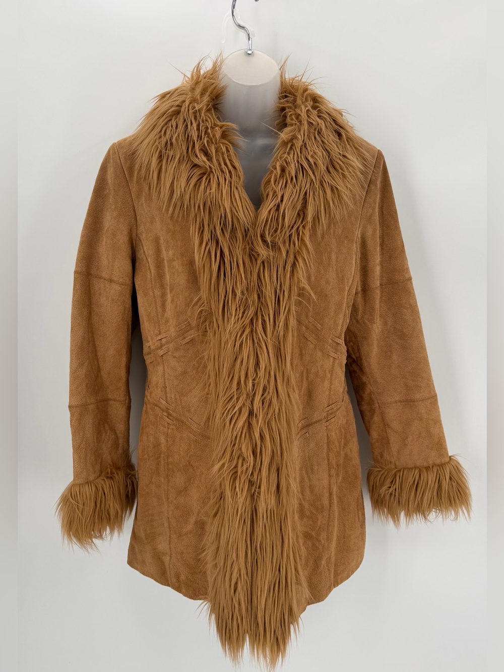 Vintage Y2K MIXIT Tan Faux Suede Penny Lane Coat Faux Fur Trim Womens L Boho